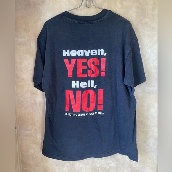 Vintage 1993 Rhemawear Black Graphic Unisex Tee Heaven Yes Hell No! Religious - Picture 2 of 5